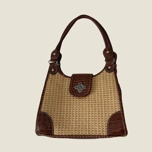 Raffia & Leather Satchel Handbag Croc Trim Engraved Hardware